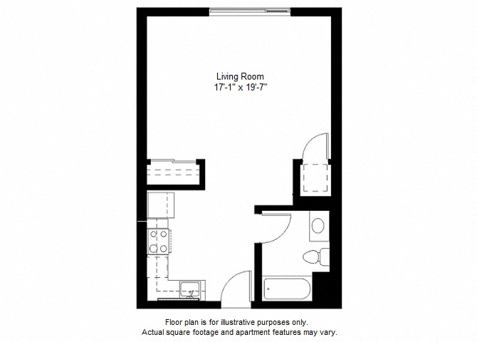 Floor plan for studio, 1 bath, 664 sqft